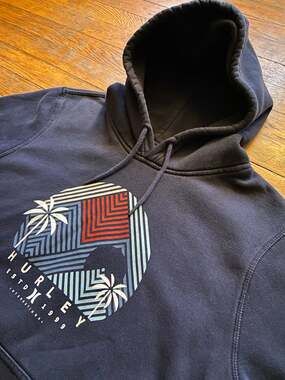 HURLEY Navy Geometric/Floral Print Heavyweight Hoodie Mens sz L